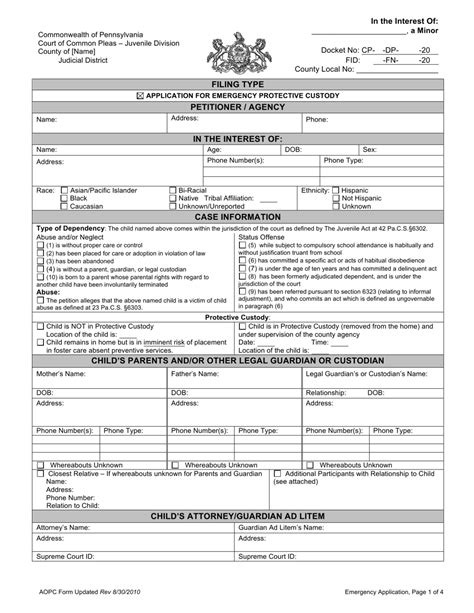 Pennsylvania Application For Emergency Protective Custody Fill Out