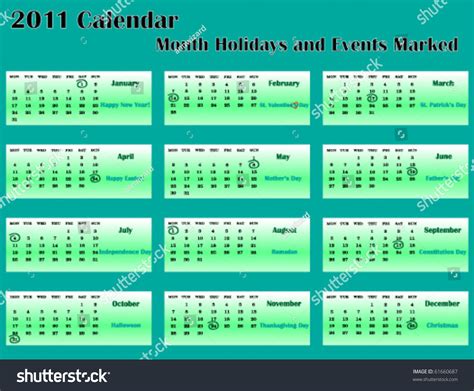 2011 Calendar With Month Holidays And Events Marked Stock Vector