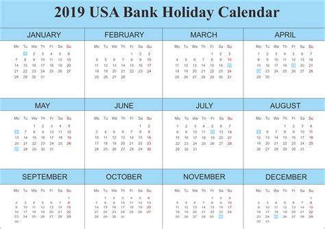 2019 USA Bank Holidays Calendar | Holiday calendar, Calendar template, Holiday calendar printable