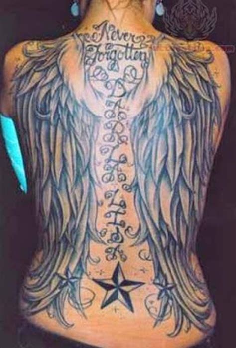 Big Angel Wings With Nautical Star On Back Tattoo Design
