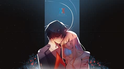 Darling In The Franxx Zero Two Hiro With Background Of Black And Blue