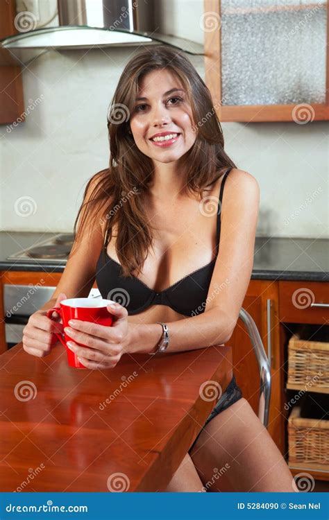 Sexy Brunette Eating Breakfast Stock Photo Image