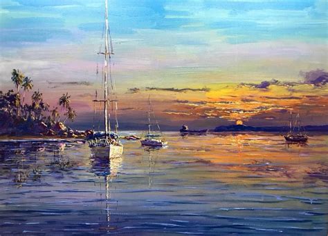 Sailboats At Sunrise Painting Sunrise Painting Sailing Art Ocean