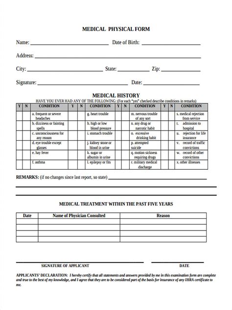 Basic Physical Exam Forms Free Printable