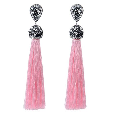 handmade 12 colors long tassel earrings bohemian black red pink white blue silk crystal dangle