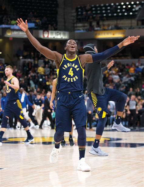 Victor Oladipo Celebrates An Indiana Pacers Victory With His Arms Wide