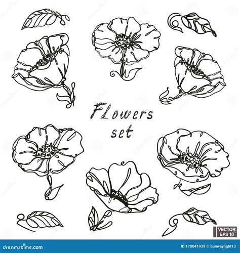 Set Of Hand Drawn Scribble Flowers Outline Sketch Stock Illustration
