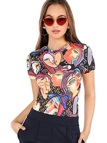 Shein Women S Casual Crew Neck Short Sleeve Fitted Graphic T Shirt Tee Tops Multicolored S