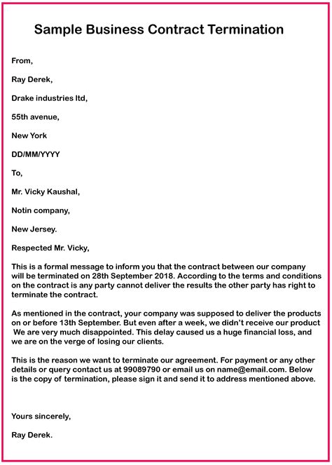 Terminate Contract Letter Template