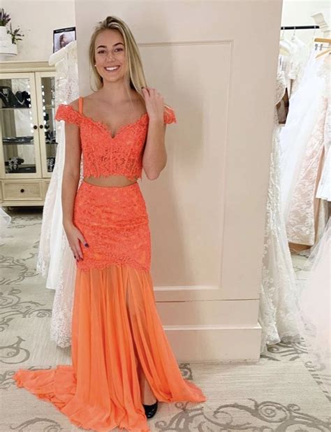 Orange Two Piece Lace Prom Dress With Sweetheart Neckline At Bravura Fashion Fashion Prom
