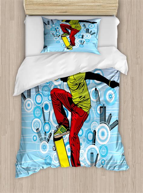 Youth Twin Size Duvet Cover Set Teenager Playing Skateboard On Street