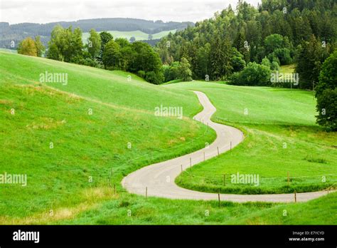 Winding Country Lane Between Green Fields Hi Res Stock Photography And
