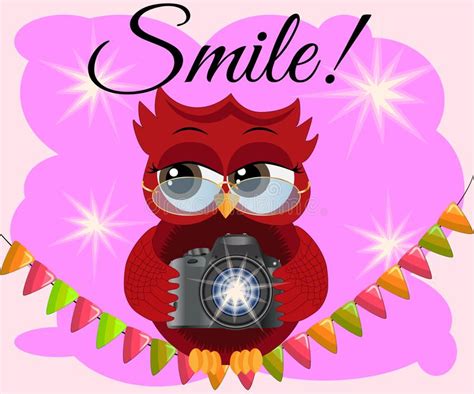 A Red Flirtatious Cartoon Owl Sits On A Garland Of Flags With A Camera