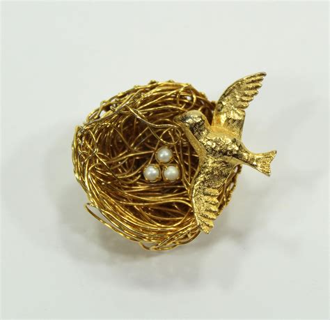 Bird Nest Pin Vintage Gold Tone With Faux Pearl Eggs Nature Etsy