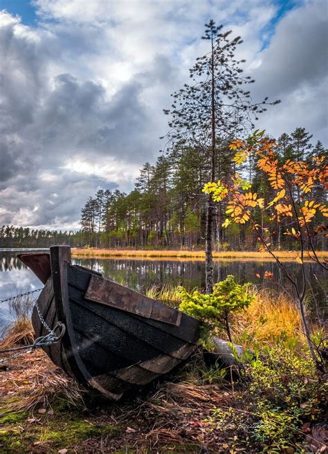 Boat On The Shore In Autumn Finland By Asko Kuittinen Landscape