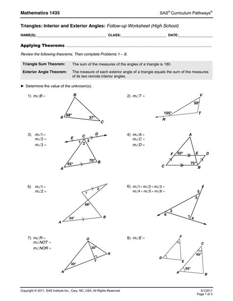 Interior And Exterior Angles Of Triangles Worksheet With Ans
