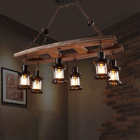 6 Light Farmhouse Wood Chandelier Rustic Glass Lantern Ceiling Lighting