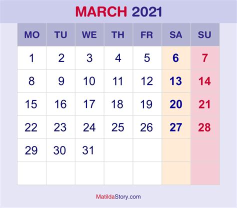 March 2021 Monthly Calendar Monthly Planner Printable Free Monday