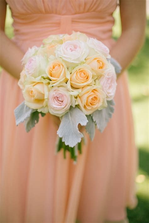 Peach And Pink Rose Bouquet With Dusty Miller Elizabeth Anne Designs