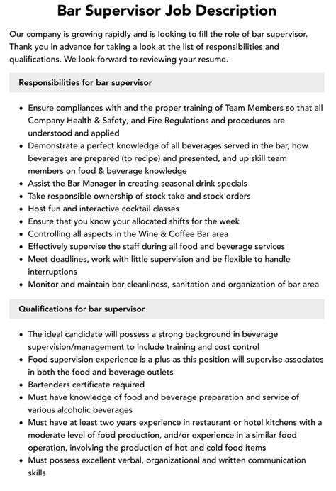 Bar Supervisor Job Description Velvet Jobs