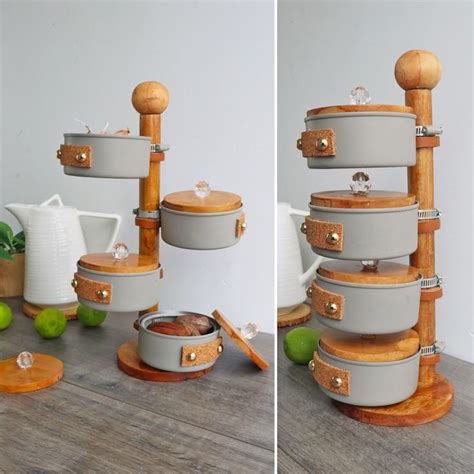 Two Pictures Of Pots And Pans Stacked On Top Of Each Other With Wooden