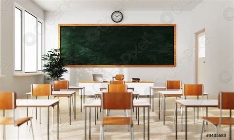 Empty White Classroom Background With Green Chalkboard Table And Seat