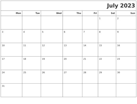 July 2023 Calendars To Print