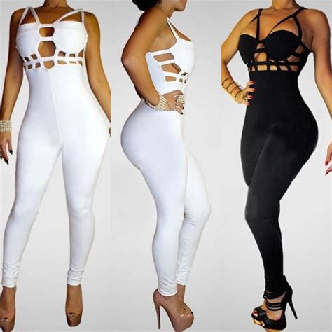 2017 Hottest Strappy Bandage Bodycon Jumpsuit Solid Black White Hollow Cut Out Sleeveless