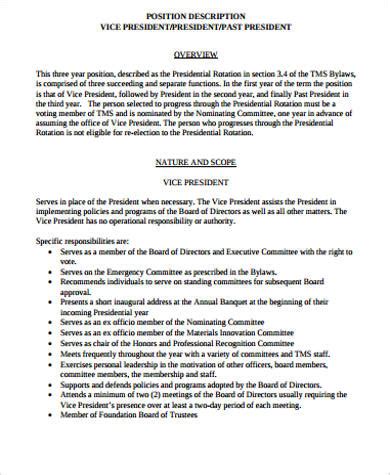 An assistant vice president title in a bank is a much more junior title than in other sectors, and at deutsche bank, a vp is a person who has put in five or more years and has done well at their job. FREE 8+ President Job Description Samples in MS Word | PDF