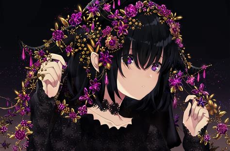 Download 1600x1053 Anime Girl Black Hair Choker Purple Eyes