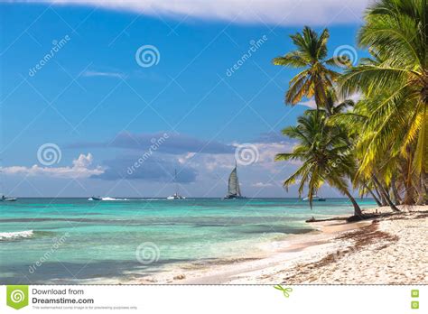 Landscape Of Paradise Tropical Island Beach And Catamarans