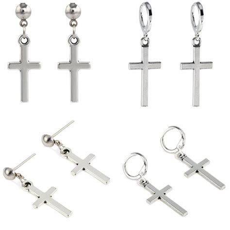 Vintage Men Stainless Steel Silver Dangle Cross Ear Stud Hoop Huggies