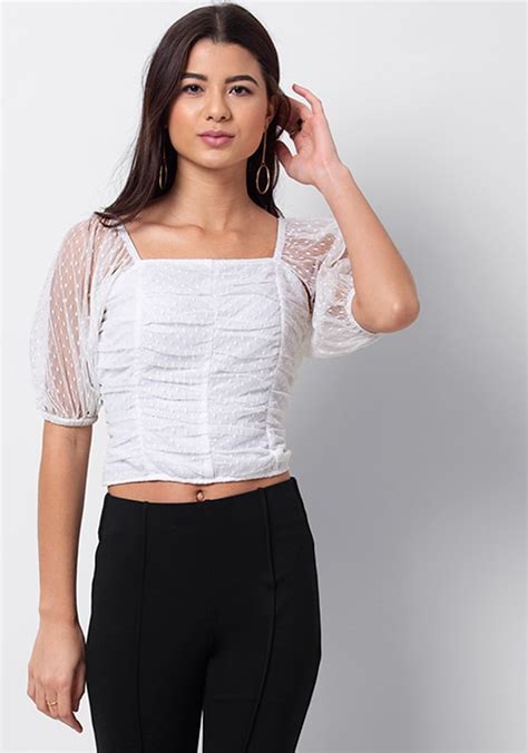 Buy Women White Mesh Ruched Smocked Crop Top Trends Online India