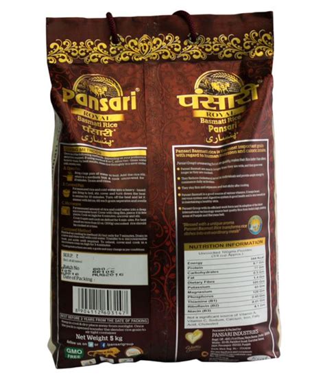 View product details of pansari royal basmati rice 5kg (pack of 4) from pansari industries manufacturer in ec21. Pansari Royal Basmati Rice 5 kg ( 4 UNIT): Buy Pansari ...