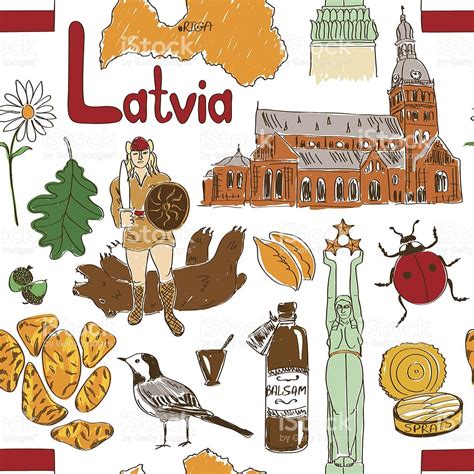 Fun Colorful Sketch Latvia Seamless Pattern Geography For Kids