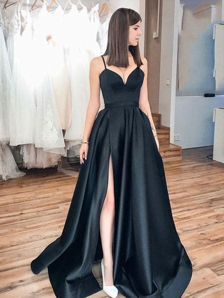 simple a line satin black long prom dresses with high slit long black shiny party