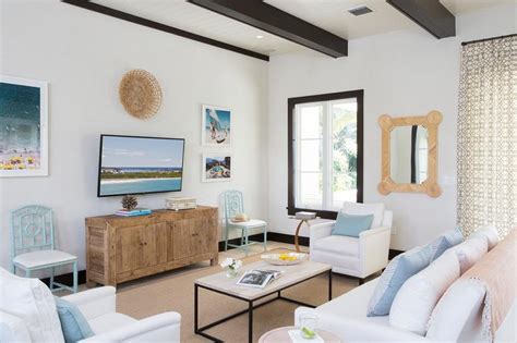 White And Blue Beach Cottage Living Room With Black Wood