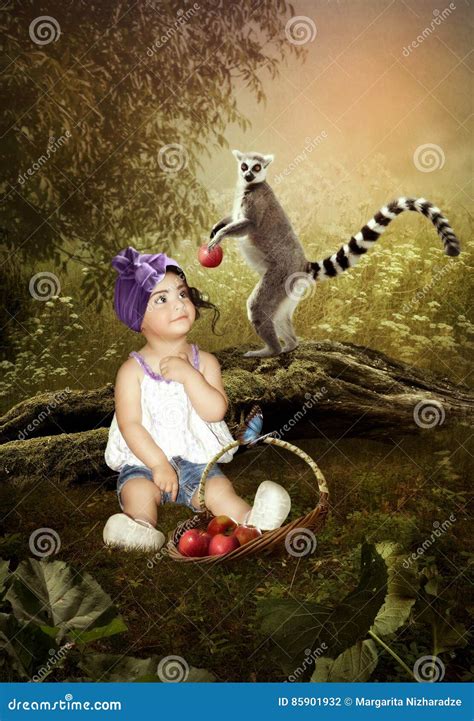 Little Girl And Lemur Stock Photo Image Of Grass Wildlife 85901932