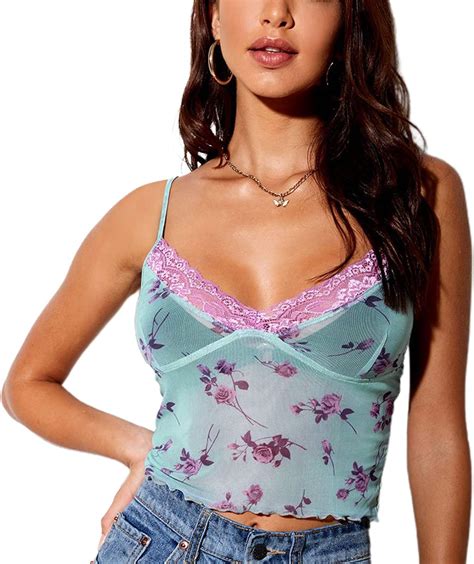 women spaghetti strap lace camisole patchwork crop tops sexy v neck sleeveless streetwear crop