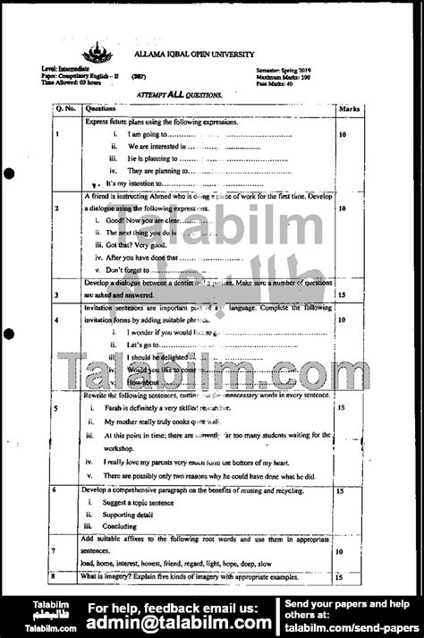 Compulsory English Ii Code No 387 Spring 2019 Past Papers Aiou