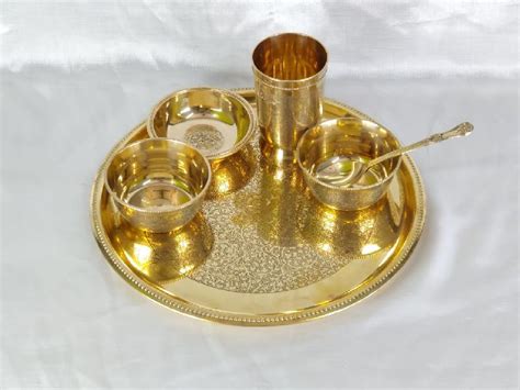Round Brass Carved Dinner Thali Set Size Standard Color Brown Shree Shyam Enterprises