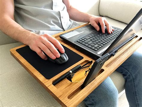 Solid Oak Wood Lap Desk Tray With Mouse Pad And Slots For