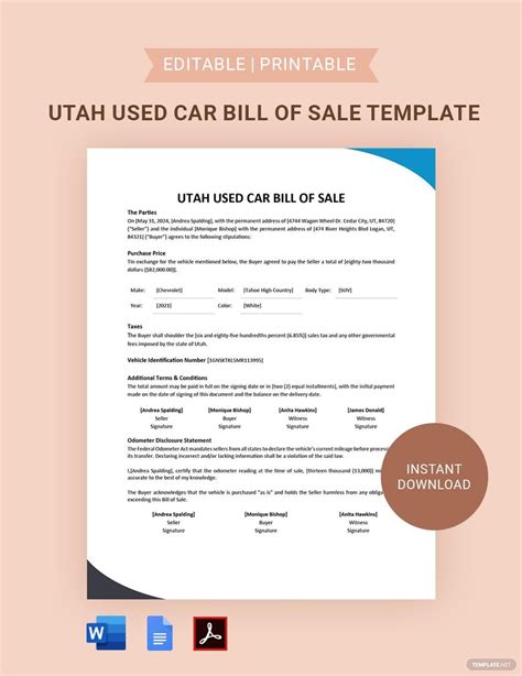 Utah Bill Of Sale Template In Word Free Download