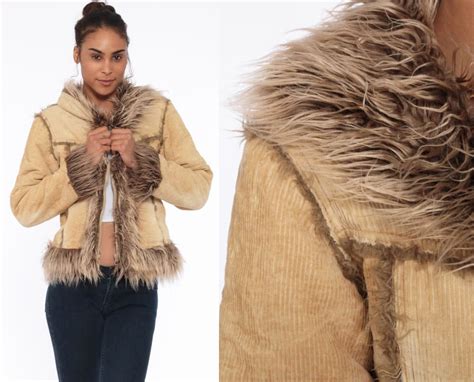 00s Jacket Corduroy Faux Fur Jacket Y2k Boho Jacket Trim Coat Bohemian