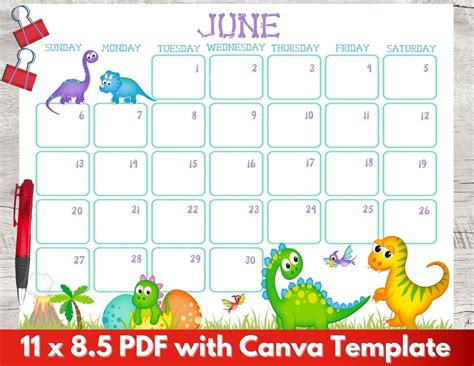 June 2021 Purple Dino Printable Monthly Calendar Instant Etsy