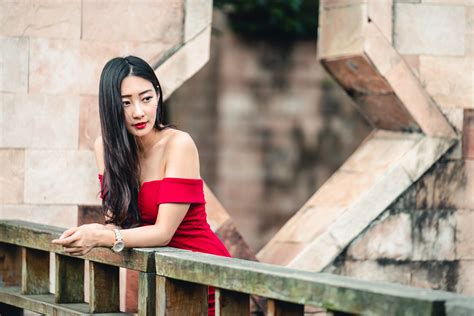 download long hair black hair lipstick depth of field red dress model woman asian hd wallpaper