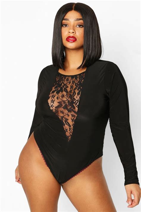 Plus Lace Insert Long Sleeve Bodysuit Boohoo Curvy Women Fashion Pop Fashion Plus Size