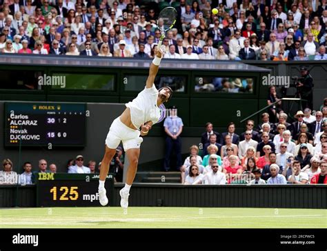 Carlos Alcaraz In Action Against Novak Djokovic During The Gentlemen S Singles Final On Day