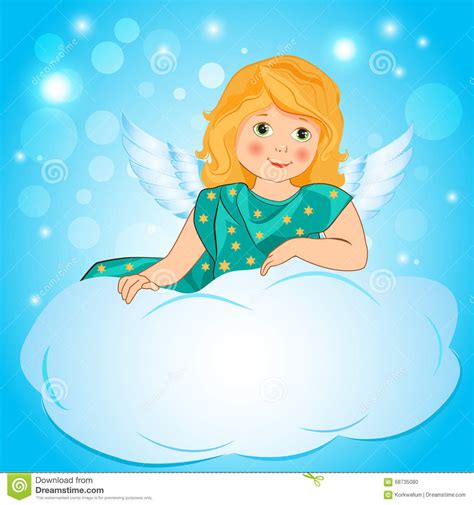 Illustration A Little Girl Angel Wings On A Cloud Stock