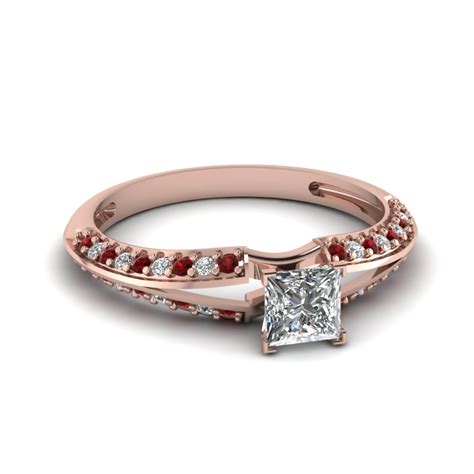 Delicate Split Princess Cut Diamond Ring With Ruby In 14k Rose Gold